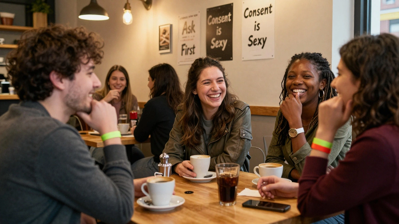 A diverse group of people chatting casually at a café, wearing subtle kink-inspired accessories during a safe meetup.