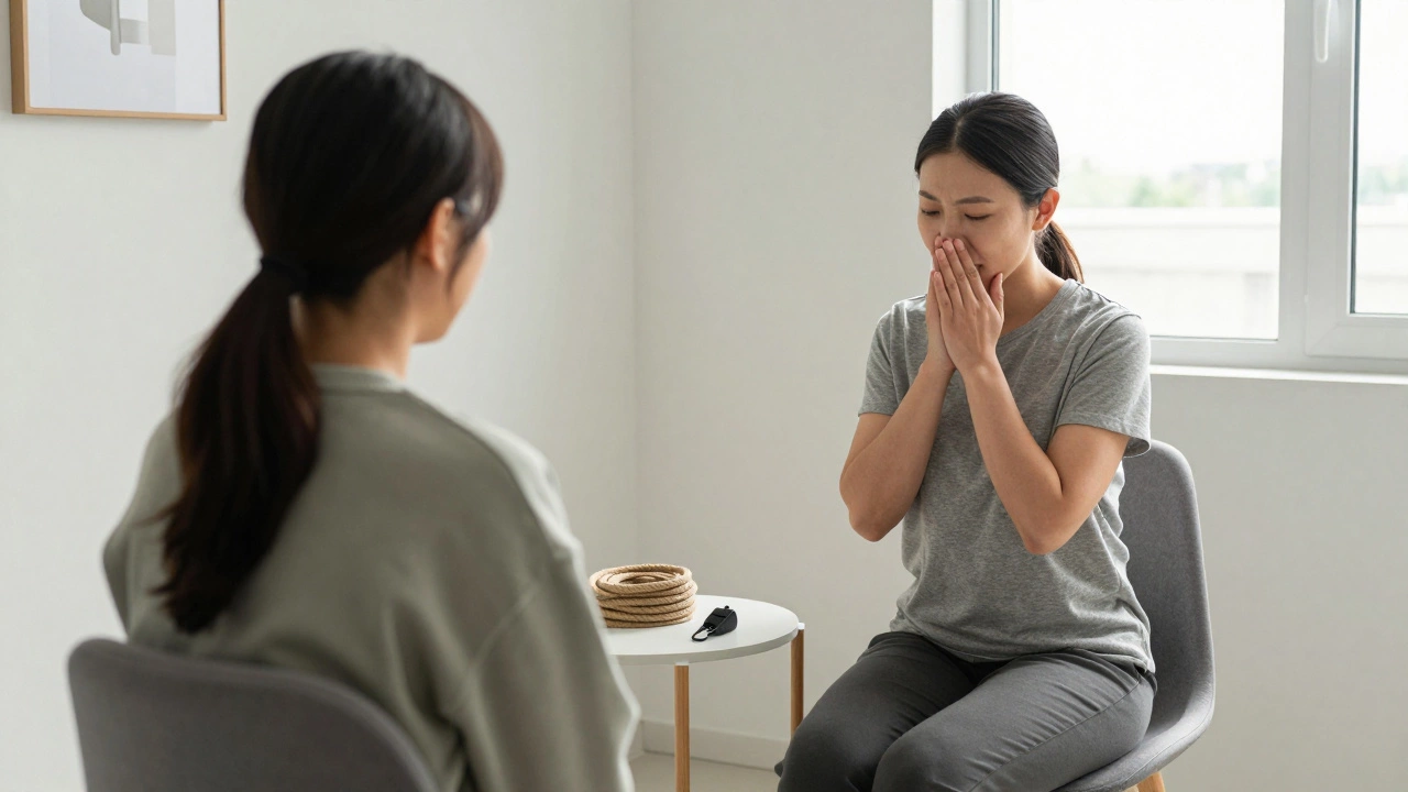A therapist and client in a calm office, with a rope and safety whistle on a table, sharing a moment of trust.