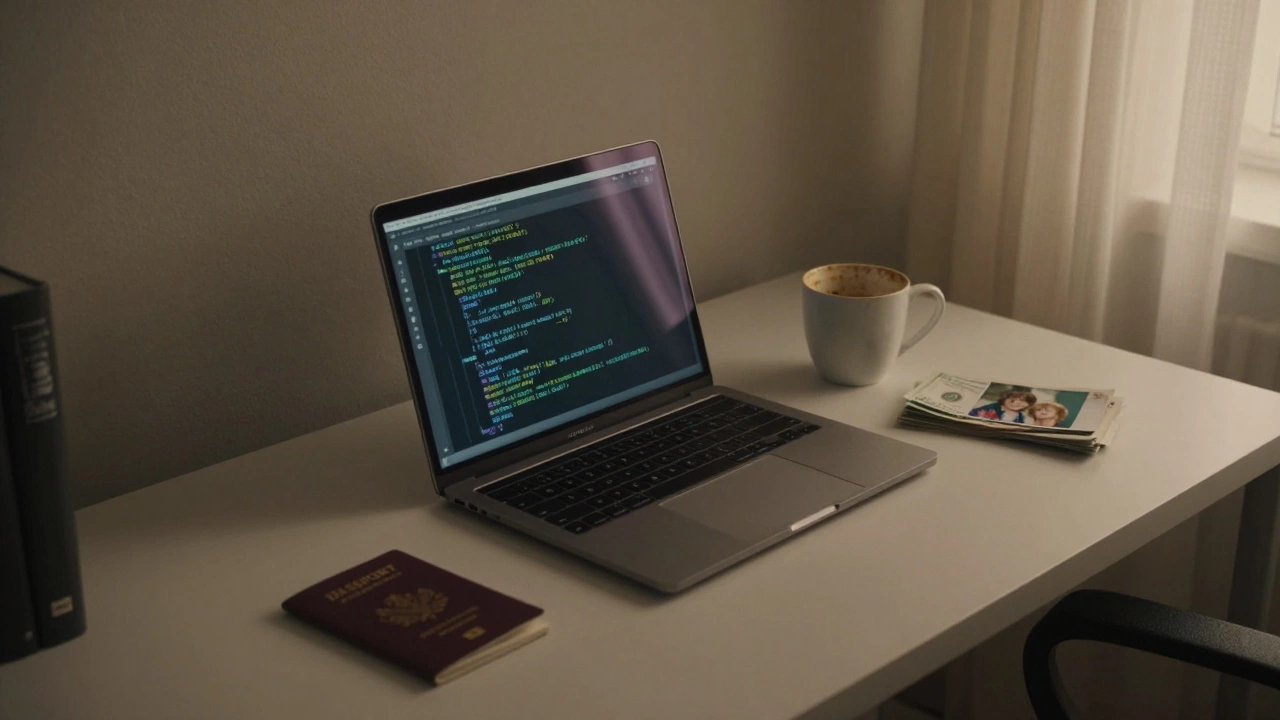 An expat apartment interior with a laptop, cash, and a photo of children under soft lamplight.