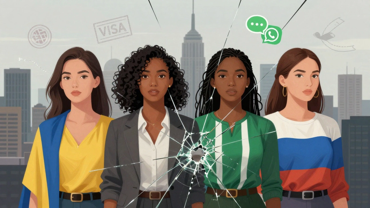 Four women’s reflections merge into a city skyline, symbolizing hidden lives in Dubai.